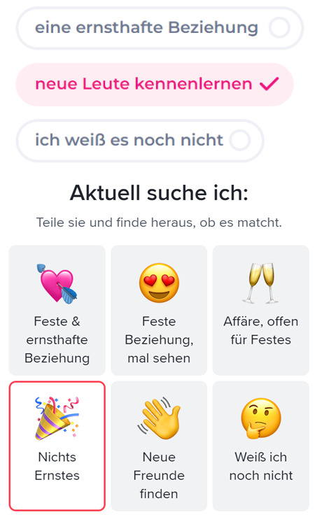 Angabe des Beziehungswunsches bei Tinder und LoveScout24