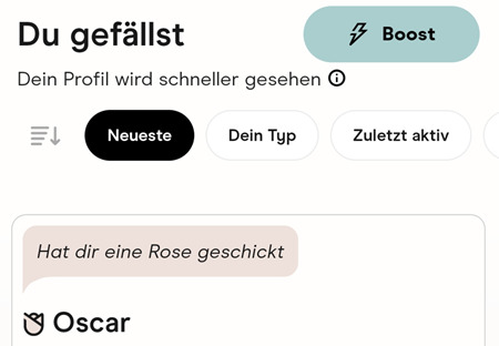 Hinge erhaltene Rosen und Likes