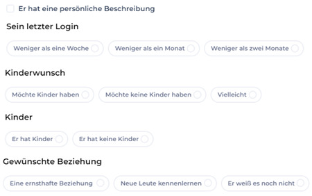 LoveScout24 Suchfunktion Filter für letzter Login, Kinderwunsch, Beziehungswunsch, Beschreibung