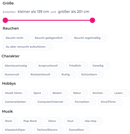 LoveScout24 Suchfunktion Filter für Größe, Rauchstatus, Charakter, Hobbys, Musikgeschmack