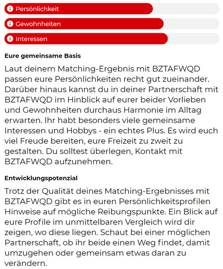 Parship Matching-Ergebnis mit vielen gemeinsamen Hobbys und Konfliktpotenzial