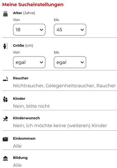 Parship-Suchfunktion: Filter für Alter, Größe, Rauchstatus, Kinderwunsch