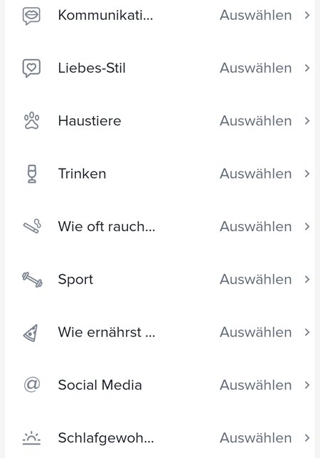 Tinder-Profile filtern zu Alkoholkonsum, Rauchstatus, Haustiere, Sport, Ernährung
